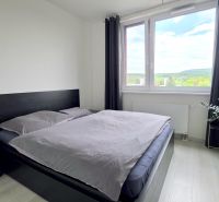 MODERNÝ 3i BYT, NOVOSTAVBA ČEREŠNE, LOGGIA, KLÍMA, PARKING, Polianky - Spálňa s posteľou a rastlinou v 3-izbovom byte, podlaha s dreveným dekorom.