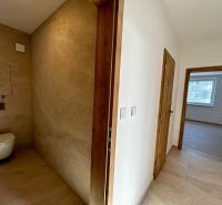 3-izb byt 88,3m2 v štandarde vrátane kuchyne len 15 minút od BA - Interiér 3-izbového bytu s podlahou s dreveným dekorom a kúpeľňou so stenami z dlaždíc.