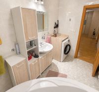 Na predaj zariadený 2-izbový byt, Dlhá ulica, Stupava - Kúpeľňa v 2-izbovom byte s práčkou, zrkadlom a úložným priestorom.