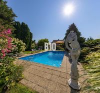Priestranný 5-izbový rodinný dom (190 m²) s krásne upraveným 13a pozem - Bazén v záhrade rodinného domu na Bratislavskej ulici v Malinove s kvetmi a sochou.
