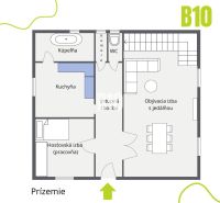 Priestranný 5-izbový rodinný dom (190 m²) s krásne upraveným 13a pozem - Plán prízemia rodinného domu: obývacia izba s jedálňou, kuchyňa, kúpeľňa, izby.