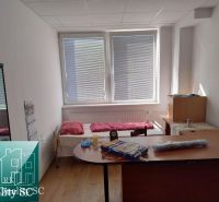 BRATISLAVA III. - RAČA - NA PREDAJ - priemyselný objekt s polyfunkčnou - Izba vo výrobných priestoroch s posteľou, stolom a podlahou s dreveným dekorom.