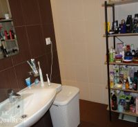 REZERVOVANÉ - 2 izbový veľký celoročne obývateľný apartmán s terasou,  - Kúpeľňa v 2-izbovom byte s policou plnou kozmetiky a umývadlom.