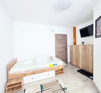 VÝRAZNÁ ZĽAVA novostavba s viacerými bytovými jednotkami - Izba na ulici Trnava s bielymi stenami, posteľou a TV; pokojný rodinný dom.