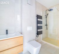 Na predaj investičné apartmány TATRA HOUSES  Veľký Slavkov - Kúpeľňa v rekreačnom apartmáne s tmavým radiátorom a sprchovým kútom.