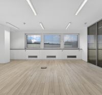 Kancelárie od 20m2 na PRENÁJOM | TOP biznis lokalita - Kancelárie s podlahou s dreveným dekorom a veľkými oknami, Bratislava, Plynárenská.