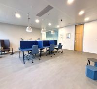 Malé a Stredne Veľké Kancelárie | PRENÁJOM | Galvaniho ul. - Kancelárie s modrým nábytkom, podlaha s dreveným dekorom, závesné svietidlá.