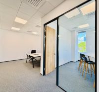 Zariadené Kancelárie Prenájom | ReadyToWork | Apollo BC II - Kancelárie s presklenou stenou, stoličkami a výhľadom na zeleň, podlaha s dreveným dekorom.