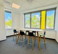 Zariadené Kancelárie Prenájom | ReadyToWork | Apollo BC II - Kancelárie s veľkými oknami, stolom a stoličkami, podlaha s dreveným dekorom.