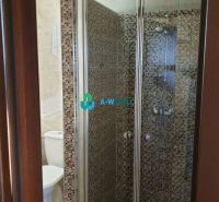 Apartmánový dom na predaj blízko termálneho kúpaliska - Kúpeľňa s toaletou, sprchovým kútom s mozaikovým obkladom a podlahou s dreveným dekorom.