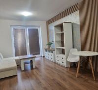 2-IZBOVÝ BYT S VEĽKÝM BALKÓNOM NA PREDAJ - Obývacia izba v 2-izbovom byte so svetlou sedačkou a podlahou s dreveným dekorom.