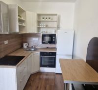 2-IZBOVÝ BYT S VEĽKÝM BALKÓNOM NA PREDAJ - Kuchyňa v 2-izbovom byte so spotrebičmi a podlahou s dreveným dekorom.