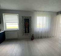 Luxusný byt na prenájom úplne nový kompletne zariadený s garážou. - Priestranná obývacia izba s podlahou v drevenom dekore a dekoratívnym rámom v 3-izbovom byte.