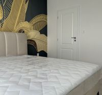 Luxusný byt na prenájom úplne nový kompletne zariadený s garážou. - Spálňa v 3-izbovom byte s čalúnenou posteľou a zlatistou tapetou.