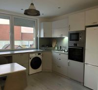 Voľný od 1 oktobra.Byt v centre mesta na prenájom - Kuchyňa s jedálenským stolom, vstavanými spotrebičmi a podlahou s dreveným dekorom v 1-izbovom byte.