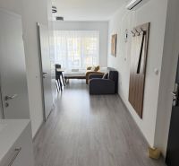 Luxusný byt na prenájom. - Interiér 2-izbového bytu s podlahou s dreveným dekorom a obývacím priestorom.