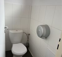 Prenájom nebytového priestoru na podnikateľské účely v CENTRE Dunajske - Toaleta v bielej dlažbe s oknom a držiakom na toaletný papier.