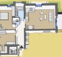 Nové 3- izbové byty v obytnom parku KISERDŐ LAKÓPARK - Pôdorys 3-izbového bytu s podlahou s dreveným dekorom a rozlohou 79,37 m².