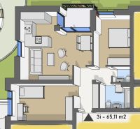 Nové 3- izbové byty v obytnom parku KISERDŐ LAKÓPARK - Pôdorys 3-izbového bytu s podlahou s dreveným dekorom, 65,11 m².