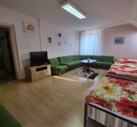 Prenájom 2-izbového apartmánu v Dunajskej Strede - Obývacia izba v 2-izbovom byte s podlahou s dreveným dekorom a zelenou sedacou súpravou.