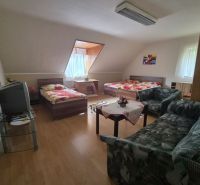 Prenájom 2-izbového apartmánu v Dunajskej Strede - Izba v podkroví s posteľami, pohovkou, televízorom a podlahou s dreveným dekorom.