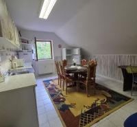 Prenájom 2-izbového apartmánu v Dunajskej Strede - Kuchyňa v 2-izbovom byte s jedálenským stolom a farebným kobercom na podlahe.