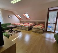 Prenájom 2-izbového apartmánu v Dunajskej Strede - Spálňa so štyrmi posteľami, zelenou pohovkou a podlahou s dreveným dekorom.