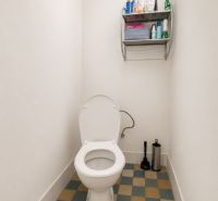 EXKLUZÍVNE LEN U NÁS! 4-izbový rodinný dom v obci Vydrany - Toaleta s regálom na čistiace potreby a dlažbou s farebným vzorom v rodinnom dome.