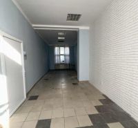 -Na prenájom obchodný priestor 30 m2 v centre mesta Dunajská Streda - Úzke obchodné priestory s dlažbou, modrými stenami a tehlovým dekorom steny.