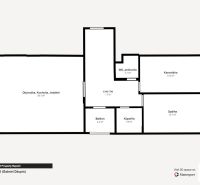ZNÍŽENÁ CENA EXKLUZÍVNE NA PREDAJ: 3-IZBOVÝ BYT 94 m² | PARKOVACIE MIE - Pôdorys 3-izbového bytu s obývačkou, kuchyňou, kanceláriou, spálňou a balkónom.