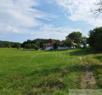 Veľký, vyše 4,5Ha slnečný pozemok s chalupou v strede, na lazoch, pri  - Rozľahlá lúka s chatou v meste Hrušov, obklopená stromami a modrou oblohou.