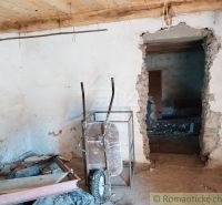 Veľký, vyše 4,5Ha slnečný pozemok s chalupou v strede, na lazoch, pri  - Interiér starej chaty s vozíkom, podlaha s dreveným dekorom a betónové steny.