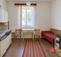 Rodinný dom s veľkým pozemkom 2 908 m² v obci Žiar - Kuchyňa so štýlovou pecou, jednoduchým nábytkom a podlahou s dreveným dekorom v rodinnom dome.
