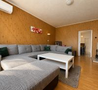 INVESTIČNÁ PRÍLEŽITOSŤ V SRDCI ŠTÚROVA - ZABEHNUTÉ APARTMÁNY - Obývacia izba v rodinnom dome s rohovou sedačkou a krbom, podlaha s dreveným dekorom.