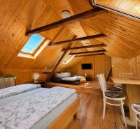 INVESTIČNÁ PRÍLEŽITOSŤ V SRDCI ŠTÚROVA - ZABEHNUTÉ APARTMÁNY - Podkrovná izba s dreveným obložením v rodinnom dome, pohodlné sedenie aj lôžka.