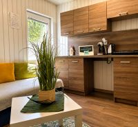 INVESTIČNÁ PRÍLEŽITOSŤ V SRDCI ŠTÚROVA - ZABEHNUTÉ APARTMÁNY - Rodinný dom s dreveným dekorom kuchynskej linky a farebnými vankúšmi.