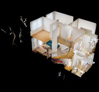 4i RD s pozemkom 170 m2  | ul. Vážska | Trenčín - 3D model interiéru rodinného domu so schodiskom a podlahou s dreveným dekorom.
