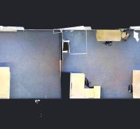 Prenájom kancelárskych priestorov, 56 m2 – Ružinov, Bratislava - Pôdorys kancelárií s usporiadanými stolmi v priestoroch na Kladnianskej ulici.