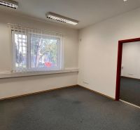 Prenájom kancelárskych priestorov Ružinov, 100 m2,  parking - Kancelárie s kobercovou podlahou a veľkým oknom, biele steny, žalužie.