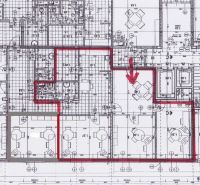 Prenájom kancelárskych priestorov Ružinov, 100 m2,  parking - Pôdorys kancelárií s vyznačenými priestormi na Haburskej ulici v Bratislave - Ružinove.