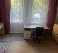 Prenájom 3-izb bytu Bratislava - Koliba - Izba s dreveným dekorom, písací stôl, kancelárska stolička a šuflíková komoda.