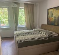 Prenájom 3-izb bytu Bratislava - Koliba - Spálňa v 3-izbovom byte s posteľou, podlahou s dreveným dekorom a obrazom na stene.