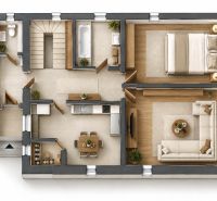 Dom s potenciálom a veľkou záhradou – Dubnica nad Váhom PREJTA 1050m2 - Pôdorys rodinného domu ukazuje obývačku, spálňu, kuchyňu a kúpeľňu.