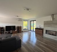 ** NOVOSTAVBA S KRBOM ** 4 izb. RD, ÚP 130m2, pozemok 584m2 – FIGOVÁ - Obývačka v rodinnom dome s pohovkou, televízorom, krbom a podlahou s dreveným dekorom.