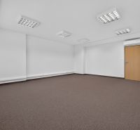 Prenájom 36m2 kancelárie | ul. Brnianska | Trenčín - Prázdna kancelária s hnedým kobercom a bielymi stenami, miestnosť je osvetlená a má klimatizáciu.