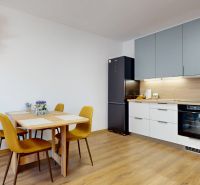 PRENÁJOM 2 izbový, zariadený byt v Danube residencia - REZERVOVANÉ - Kuchyňa v 2-izbovom byte s podlahou s dreveným dekorom, jedálenským stolom a spotrebičmi.