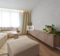 Rezervované-BÔRIK - 4-izbový BYT S GARÁŽOU - Pohodlná obývačka so svetlou sedačkou, podlaha s dreveným dekorom, 4-izbový byt.