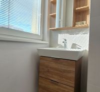 Moderne vybavený a zariadený 1-izbový byt s balkónom na sídlisku JUH - Kúpeľňa s umývadlom a skrinkou s dreveným dekorom v 1-izbovom byte.