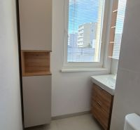 Moderne vybavený a zariadený 1-izbový byt s balkónom na sídlisku JUH - Kúpeľňa v 1-izbovom byte s elegantnou skrinkou a výhľadom cez okno.