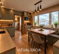 PREDAJ: 1 izbový byt; 38 m²; BREZNO ;89.500 € - Kuchyňa a jedálenský kút v 1-izbovom byte s podlahou s dreveným dekorom.